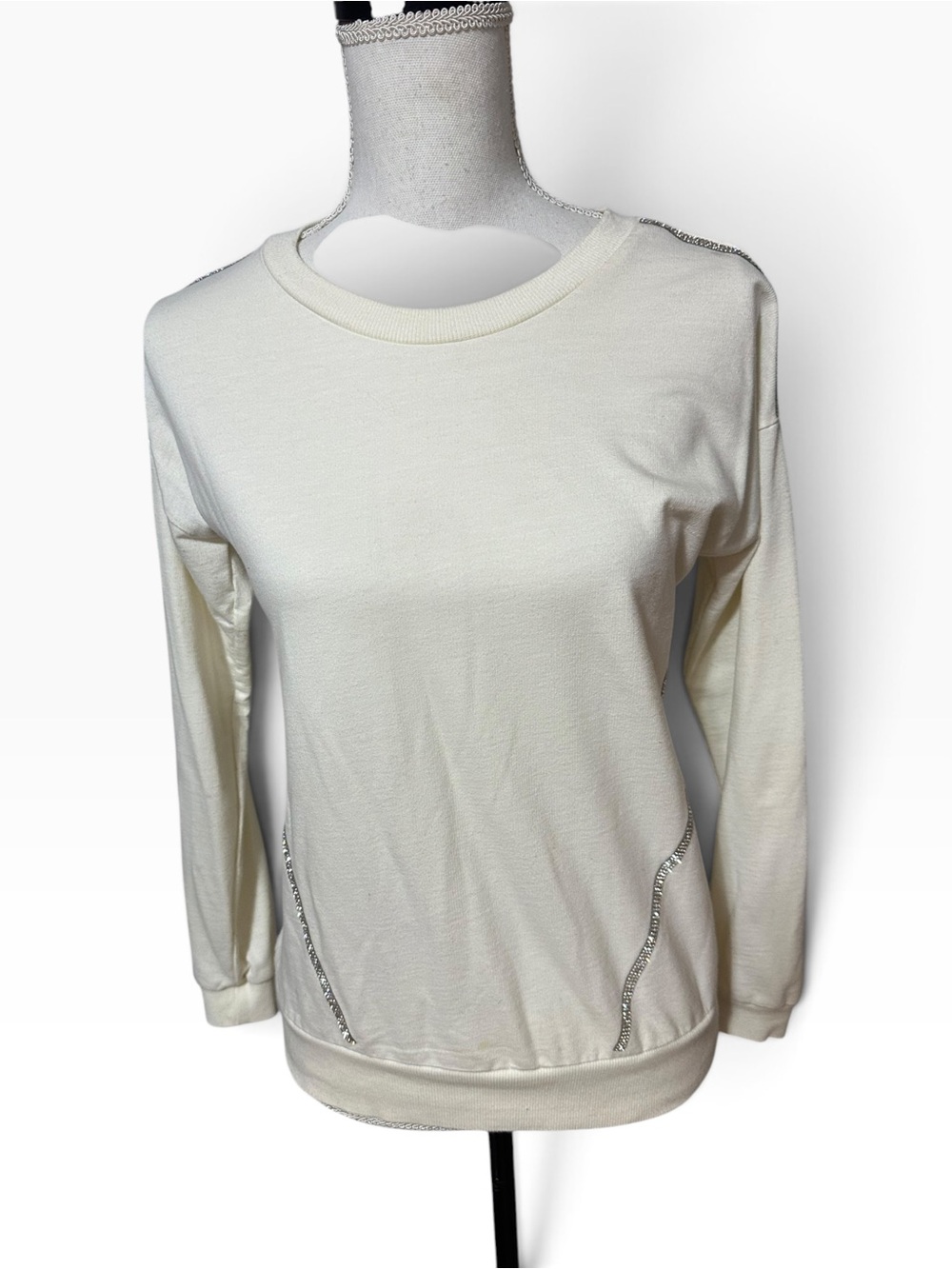 Women's Cream Long-Sleeve rhinestone  Crewneck Top